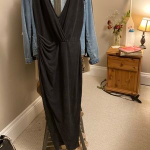 Mid length, classy, grey dress. Size 4, side slit, low cut.